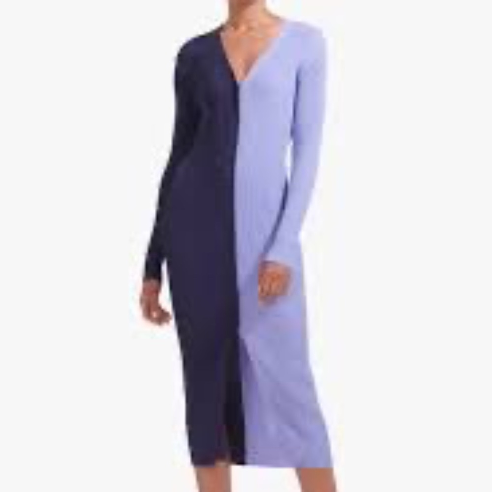Staud Shoko Ribbed Long Sleeve Color Block Sweater Dress Purple Navy XS